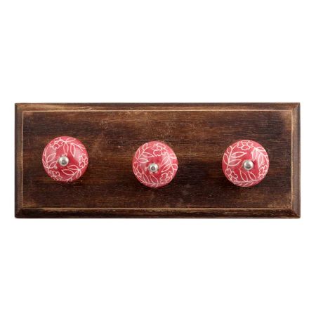 Dark Pink Leaf Floral Ceramic Wooden Hooks